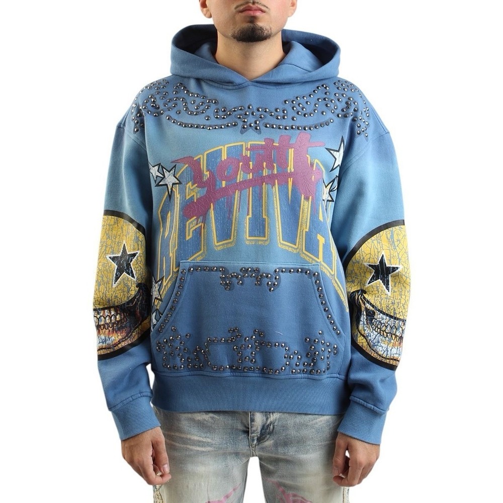 Smoke Rise Revival Studded Hoodie Blue Graphic Oversized Skull Stars L Grunge